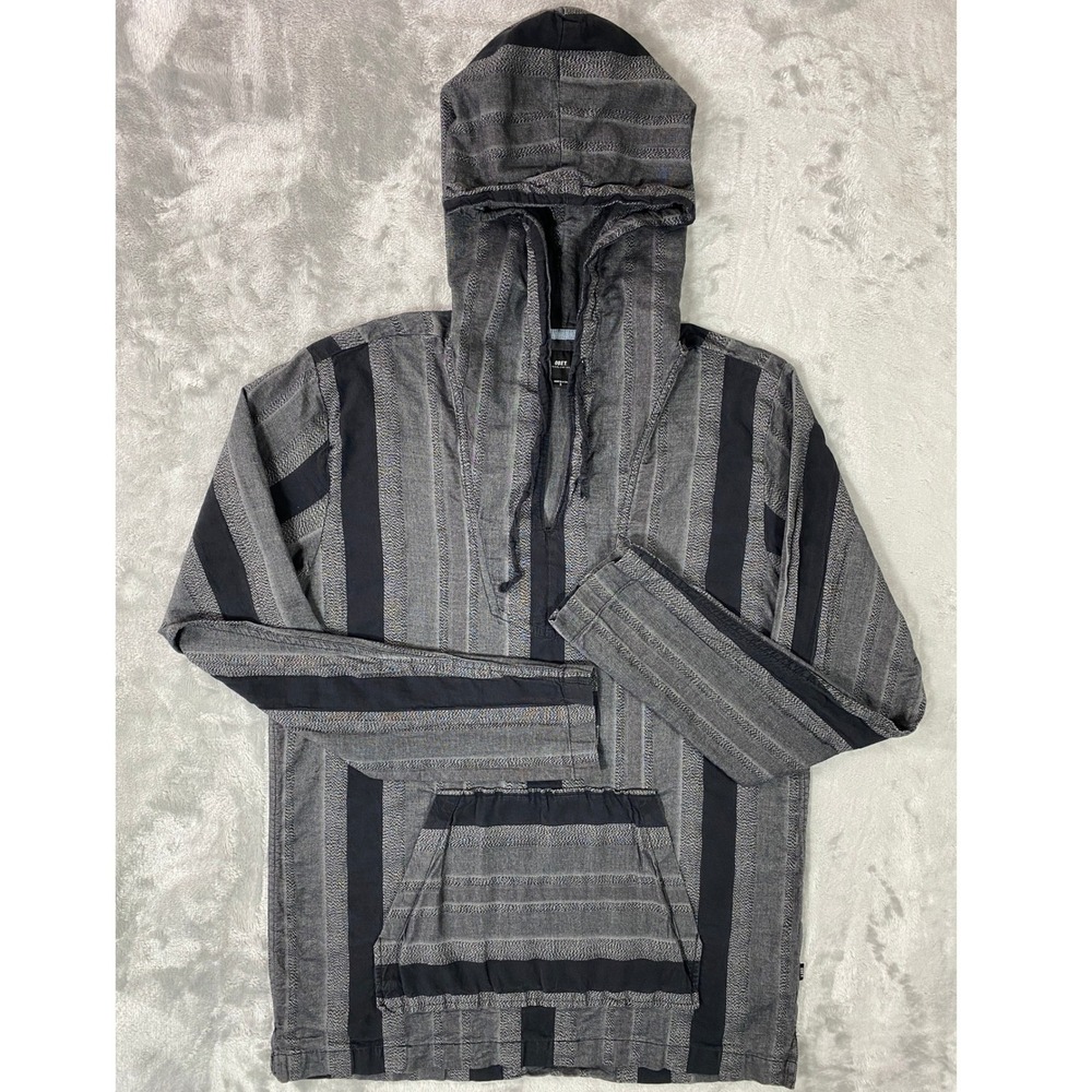 Obey Baja Hoodie Mens Small Grey Striped Pullover Woven Cotton Streetwear